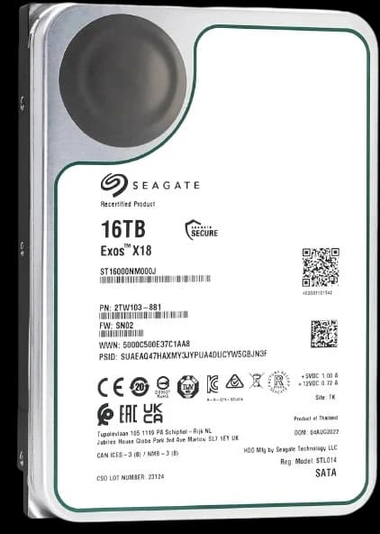 Seagate Exos X18 ST16000NM000J / 2TW103-881 16TB / 16,000GB 3.5" LFF / Large Form Factor 6.0 Gb/s 7.2K / 7,200 RPM Enterprise 512e Fast Format SATA / Serial ATA HDD / Hard Disk Drive - Factory Recertified